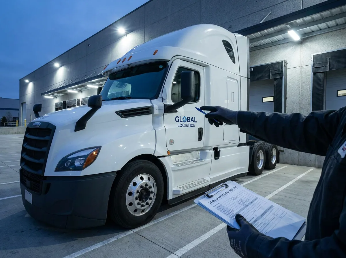 Appraiser holding clipboard inspecting commercial truck in warehouse lot