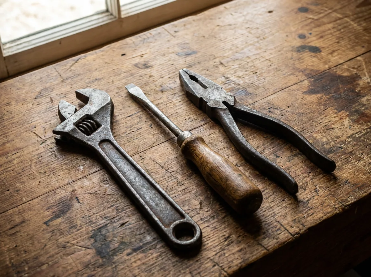 Assorted hand tools including wrench, screwdriver, and pliers arranged on wooden workbench