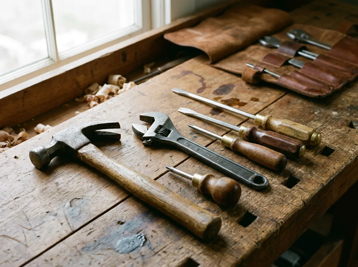 Hammer, wrench, and screwdrivers arranged on wooden workbench in natural light