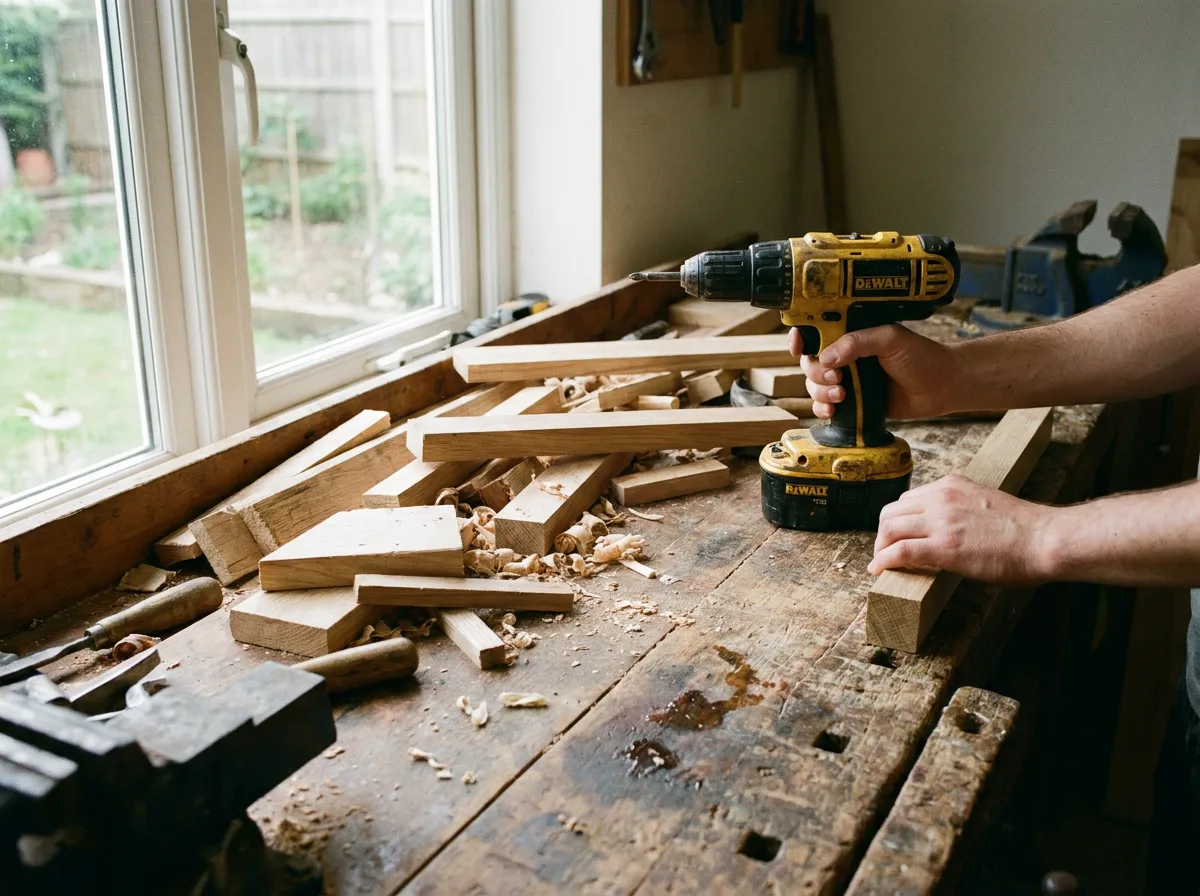 Cordless drill on weathered workbench with stacked wood scraps beside window