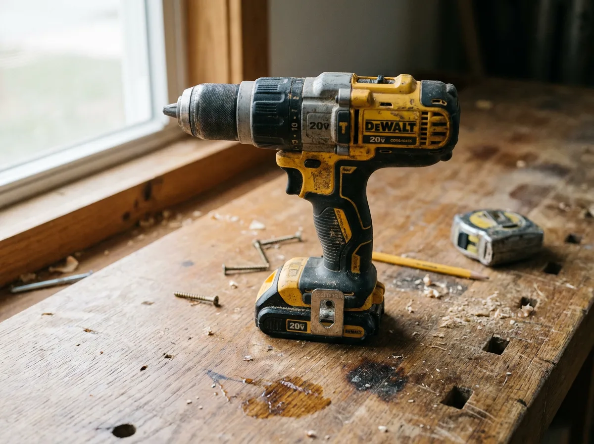 Cordless drill on wooden workbench in natural light