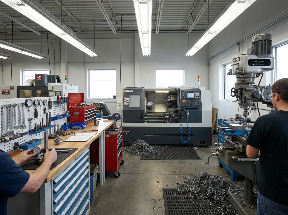 Machine shop with CNC lathe, milling machine, metal shavings, and organized workbench tools under overhead lighting