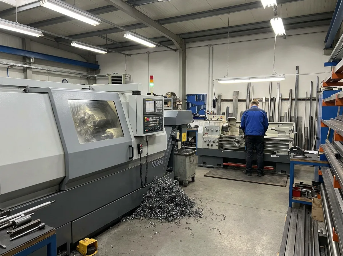 CNC lathe and metal lathe in industrial machine shop with metal shavings on floor