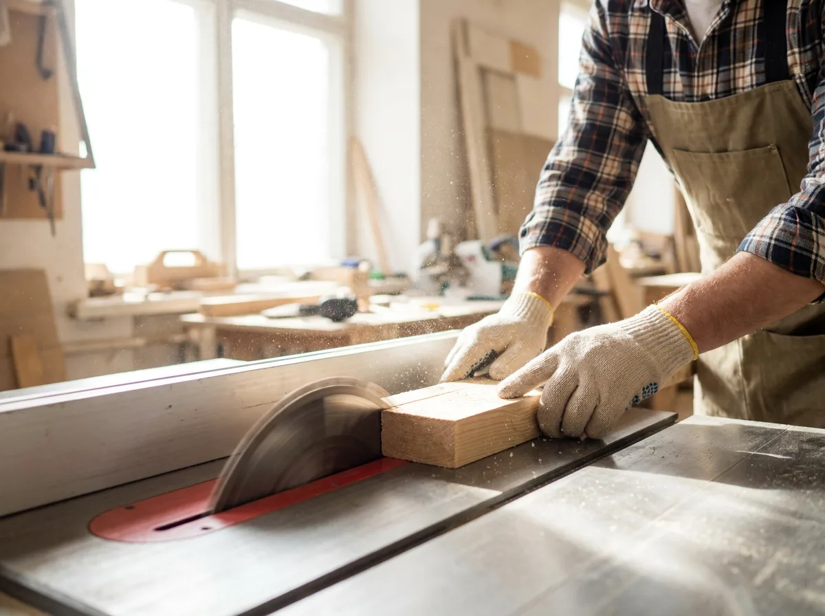 Hands guiding wooden plank through table saw with sawdust in air