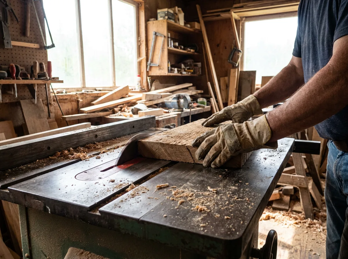 Woodworker's hands guiding wooden plank through table saw with sawdust on workshop surface
