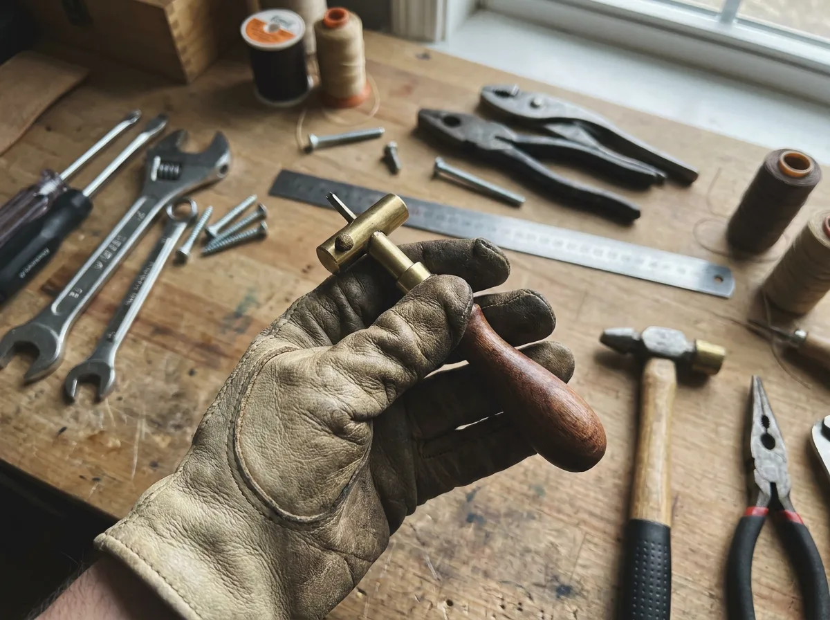 Gloved hand holding a specialty trade tool on workbench with scattered tools