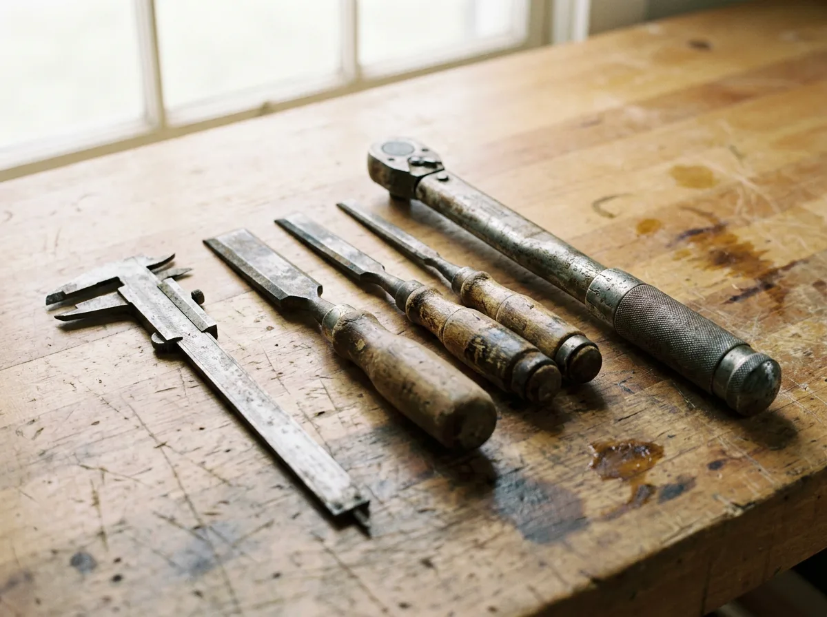 Weathered specialty hand tools including calipers, chisels, and torque wrench on workbench