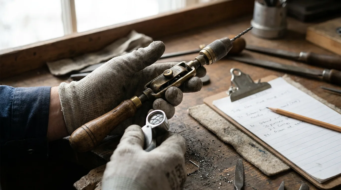 Appraiser's hands examining vintage hand tool on workbench with clipboard and notes