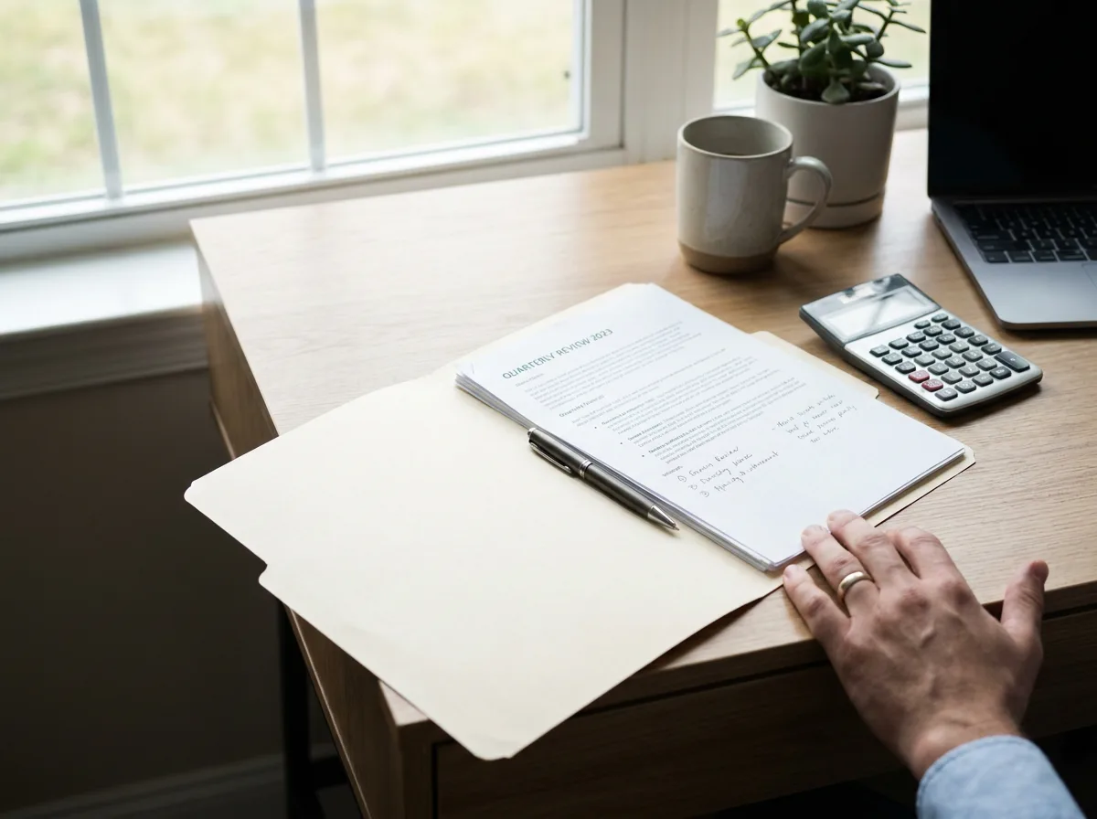 Home office desk with open financial folder, calculator, and pen in natural daylight