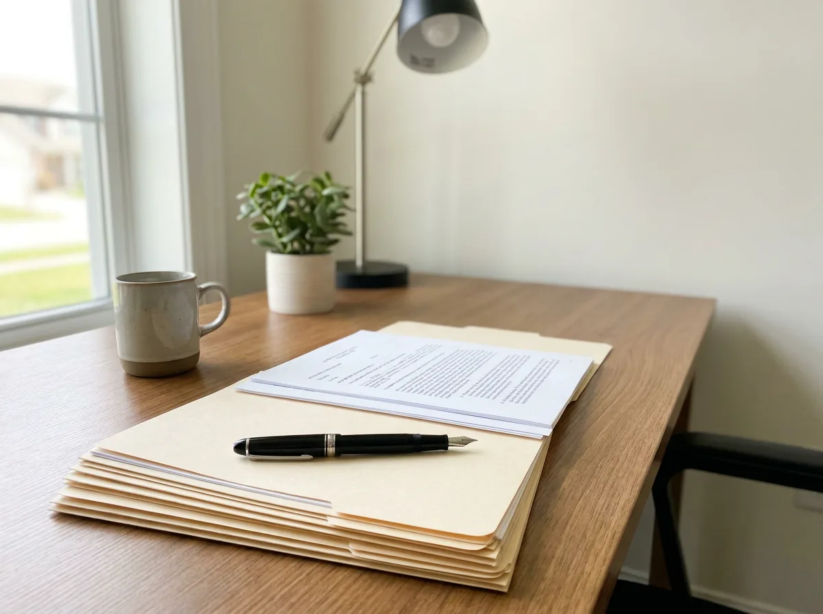 Pen on stacked legal documents and folders on home office desk with natural window light