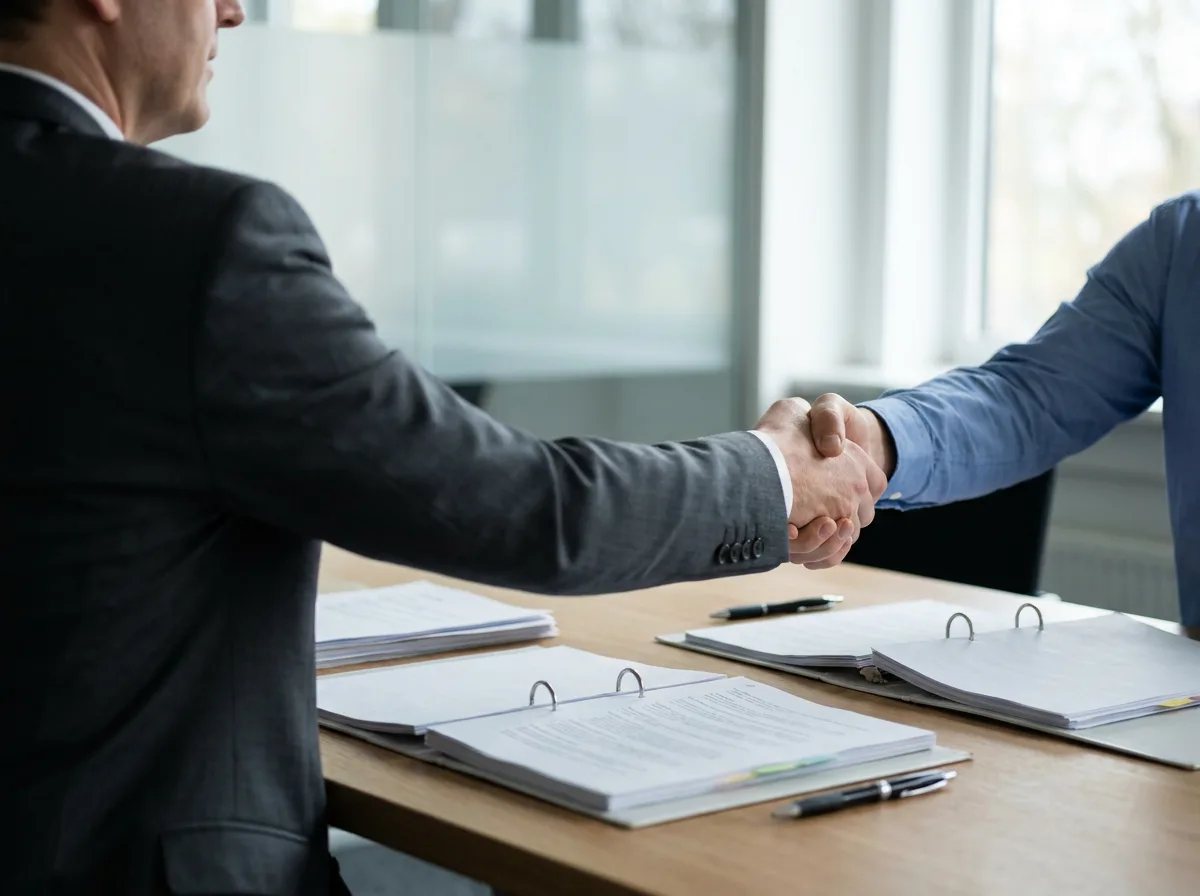Two business professionals shaking hands across a desk with documents and pens in a modern office