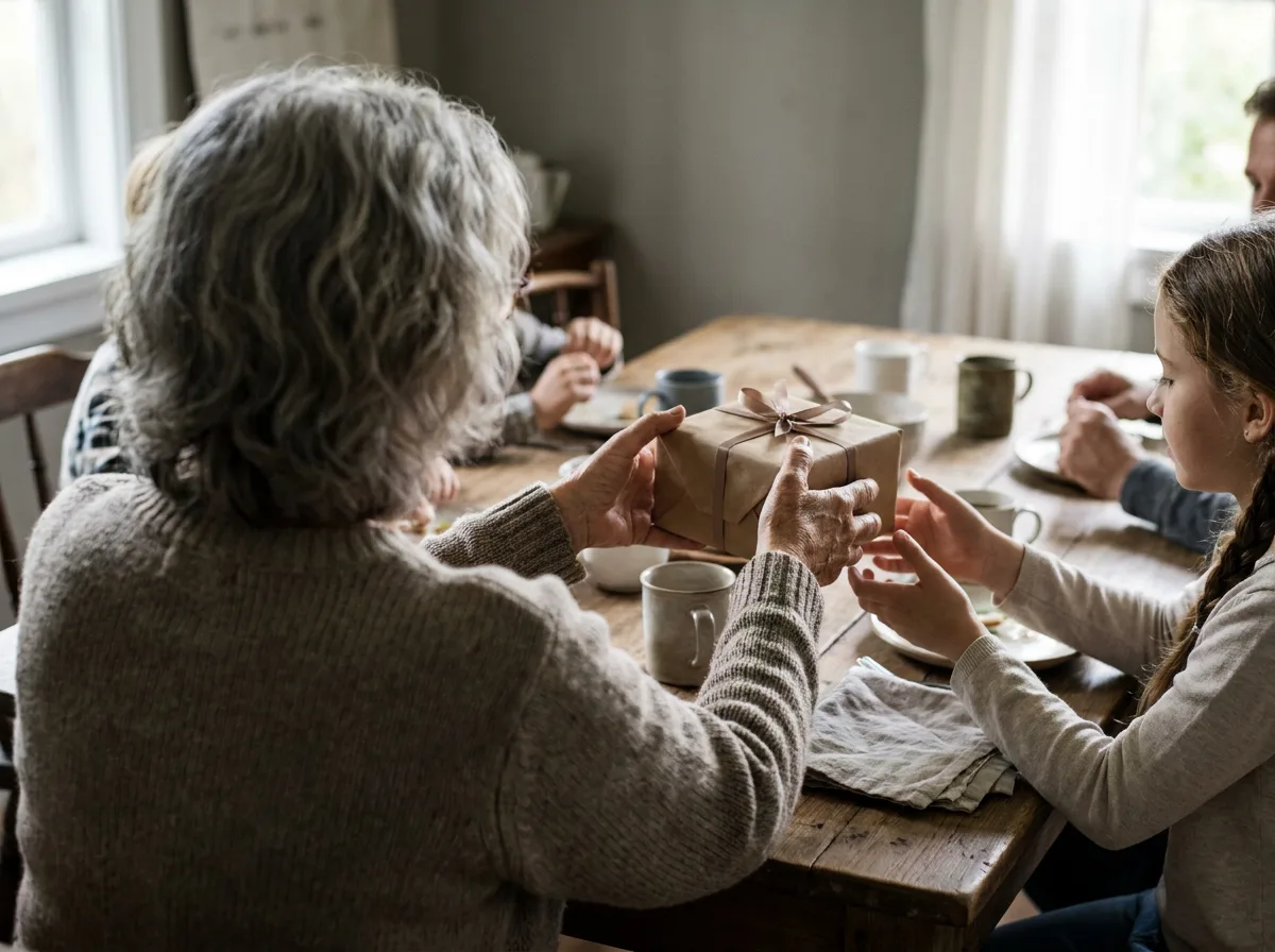 Older adult giving wrapped gift box to younger relative at wooden table