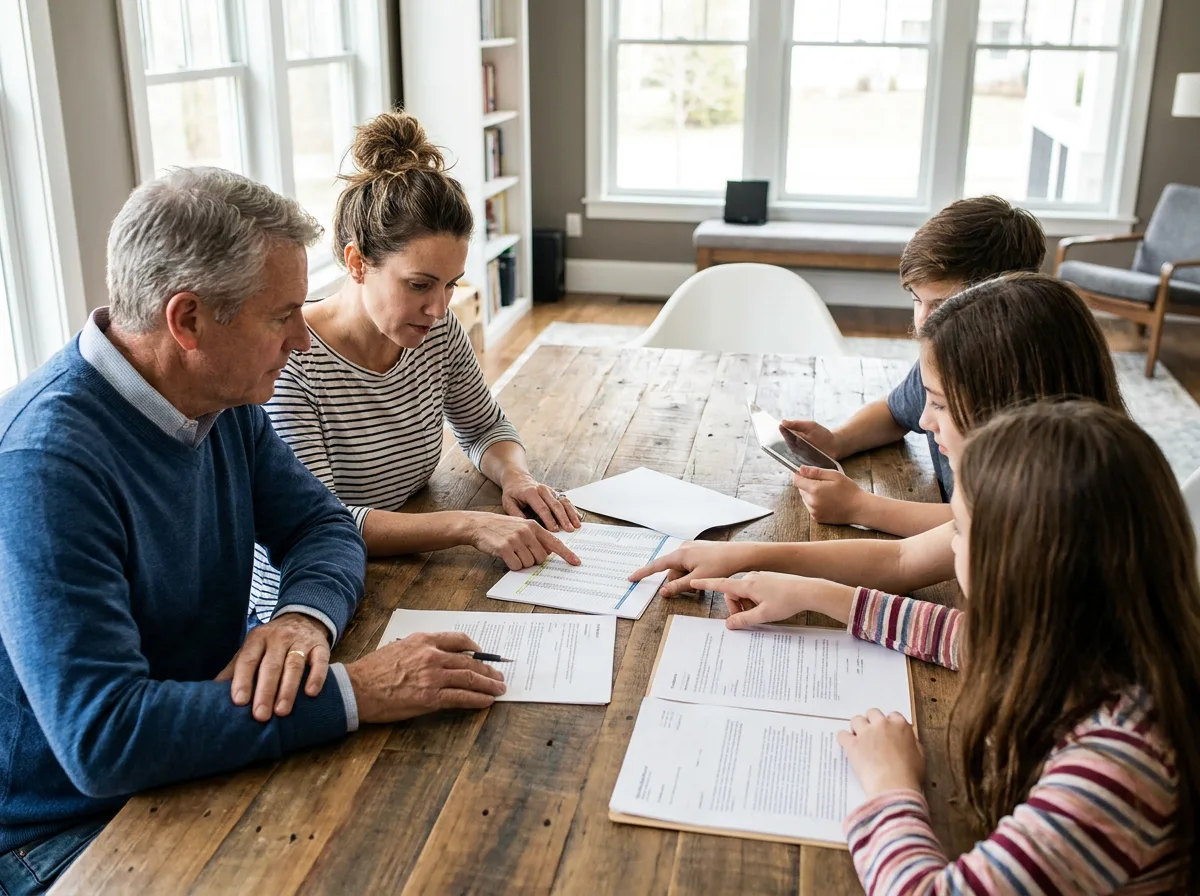 Multigenerational family reviewing financial documents at wooden table in modern home office