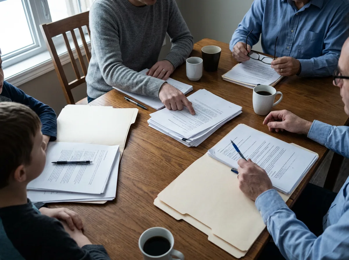 Family reviewing financial documents at dining table in natural daylight