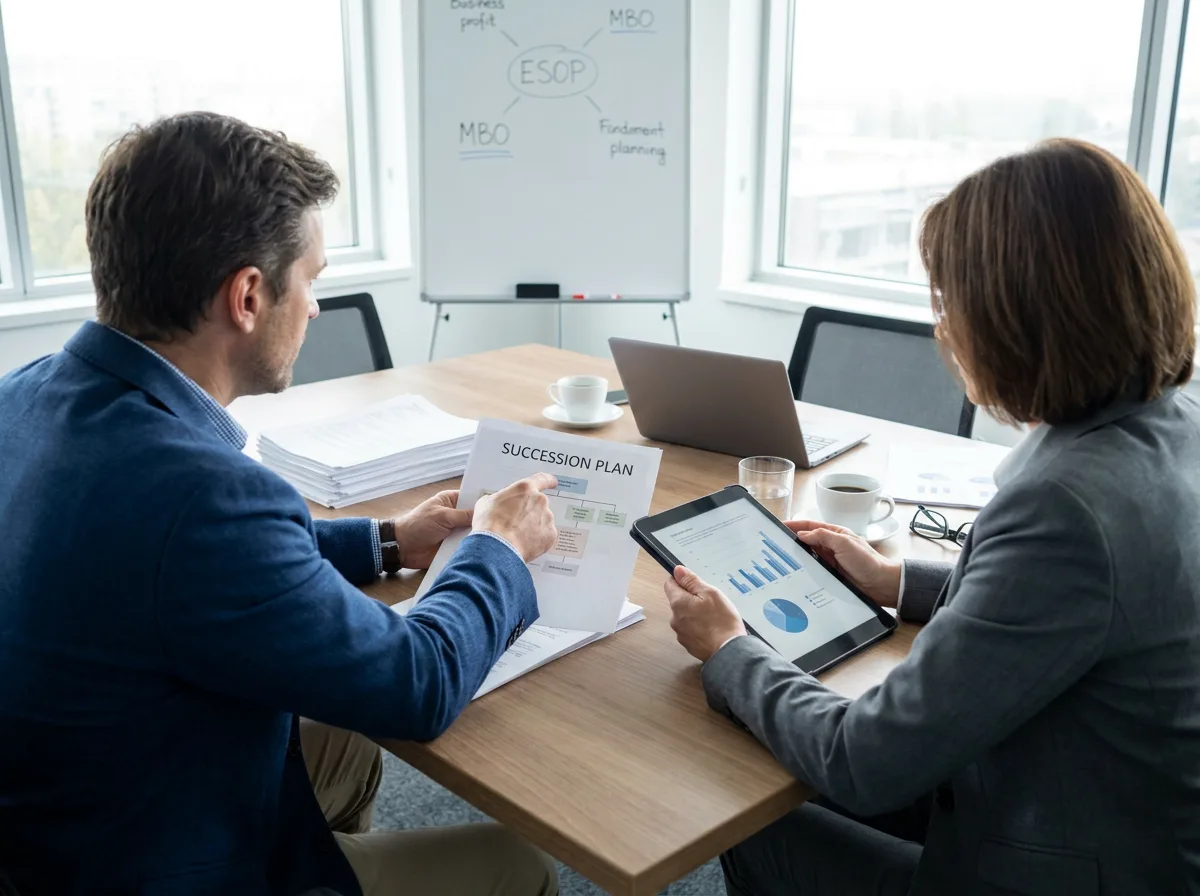 Financial advisor and business owner reviewing documents and charts at conference table discussing ownership transition plans