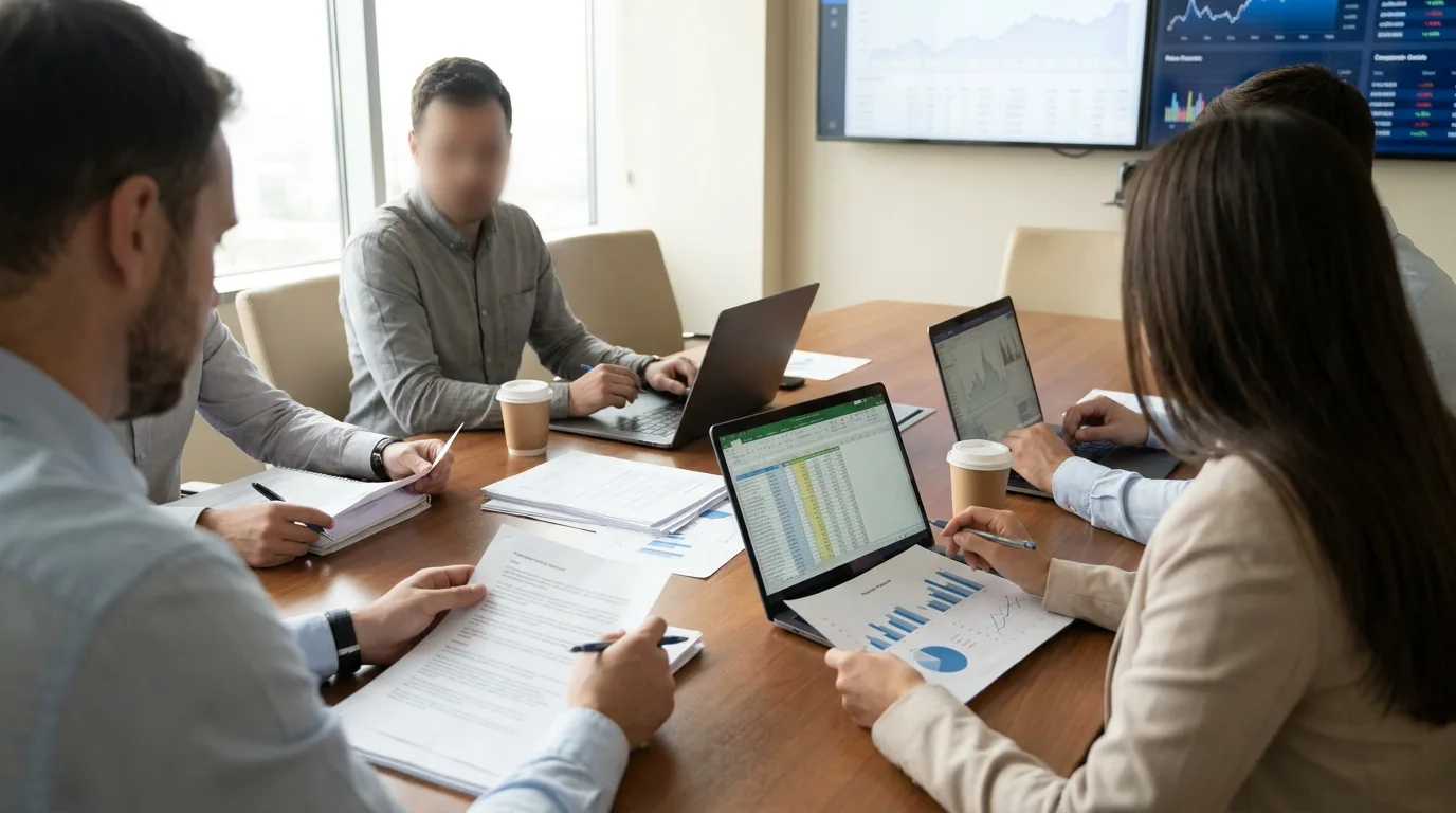 Business professionals reviewing financial charts and documents at a conference table