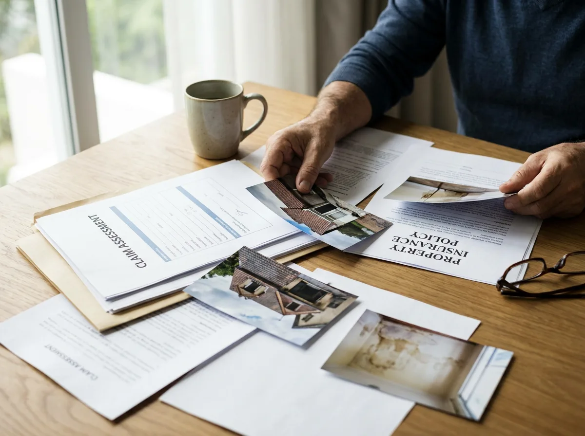 Homeowner reviewing insurance documents and damaged property photos at table in natural daylight