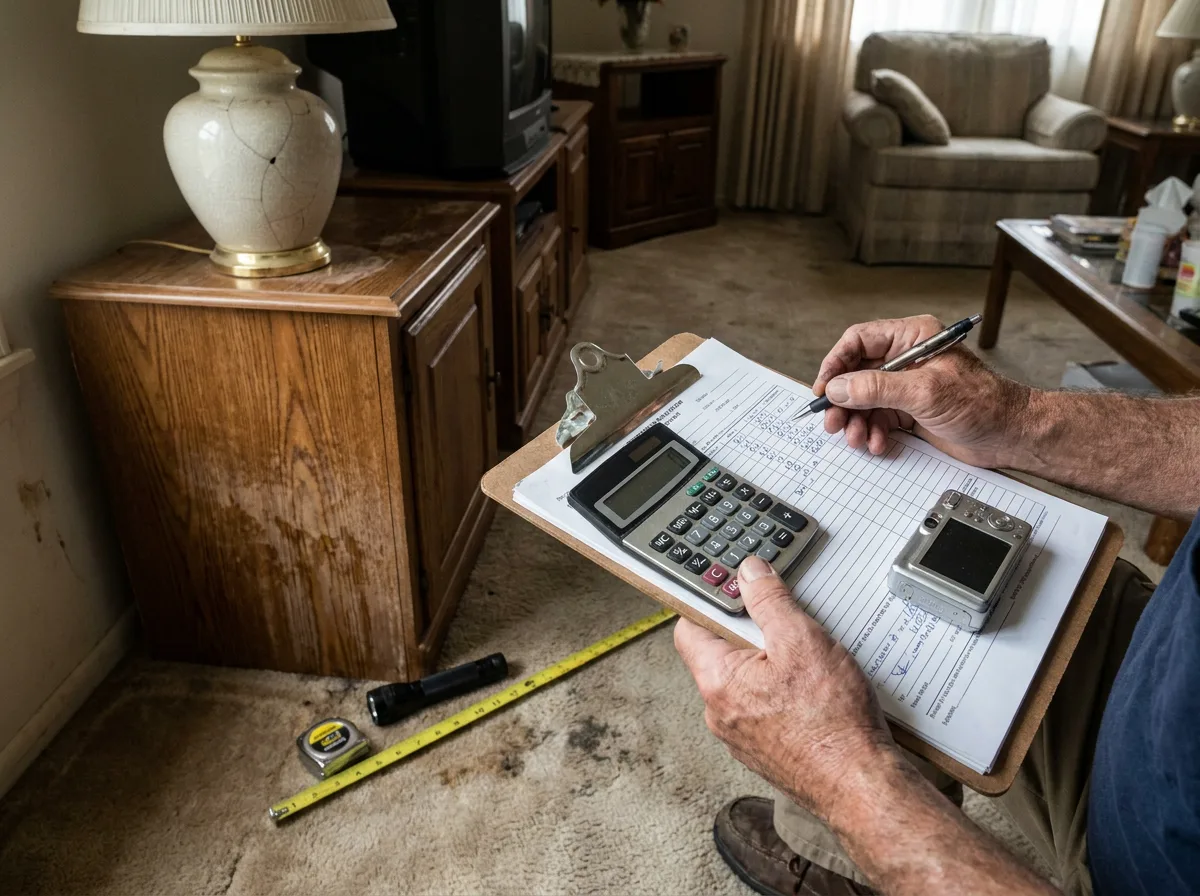 Insurance adjuster reviewing damage assessment with clipboard and calculator