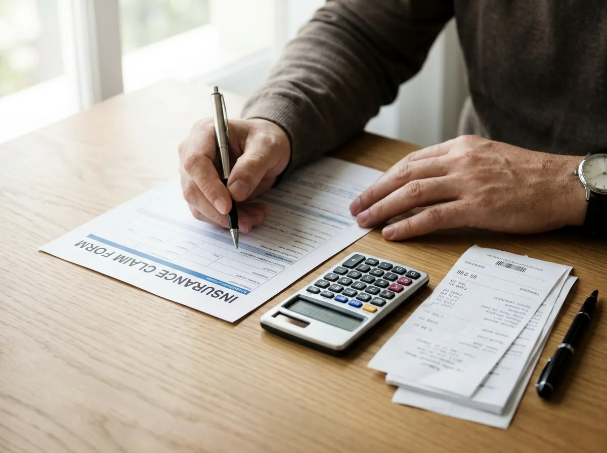 Hands completing insurance claim form at desk with calculator, pen, and receipts in daylight