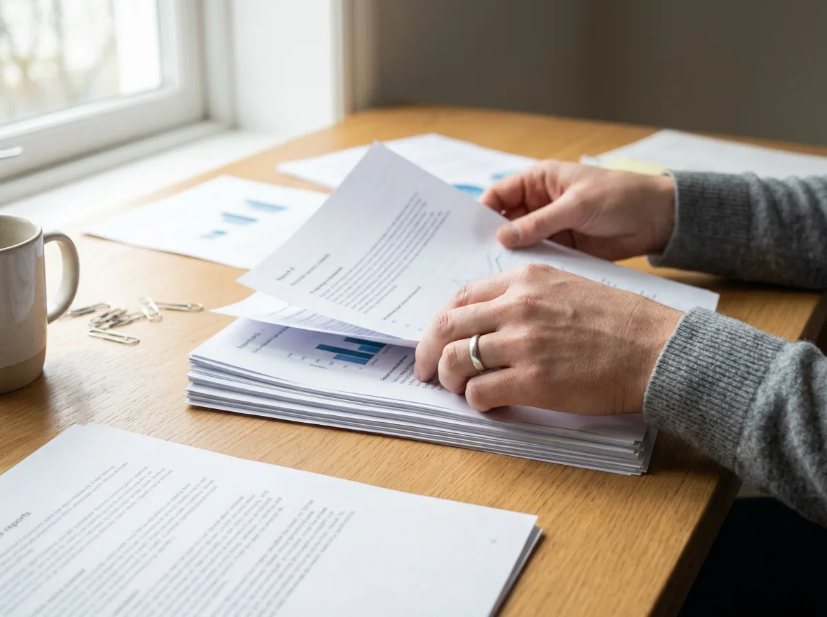 Hands organizing stacked printed reports and documents on office desk in natural daylight