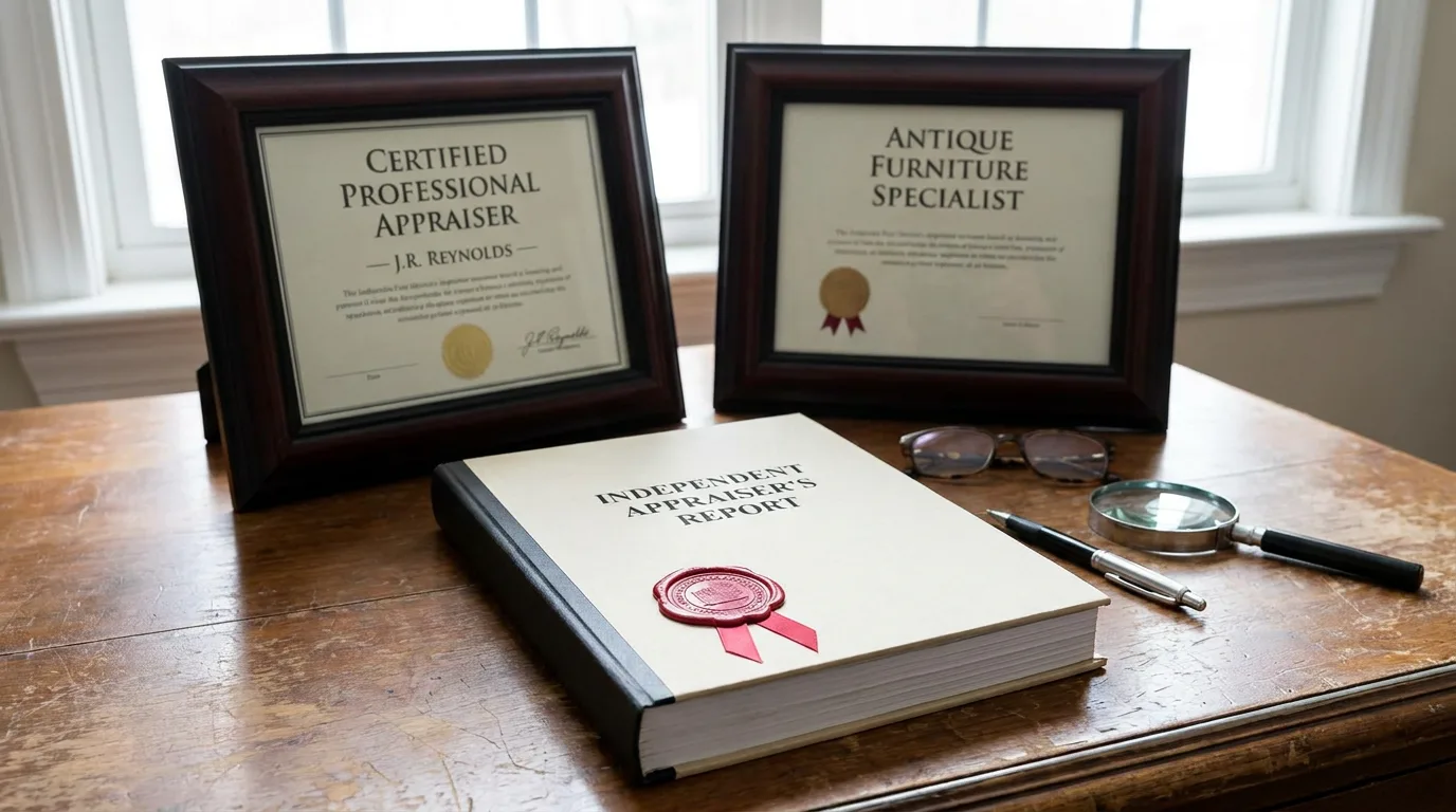 Framed professional certification documents and wax-sealed appraisal report on wooden desk under neutral lighting