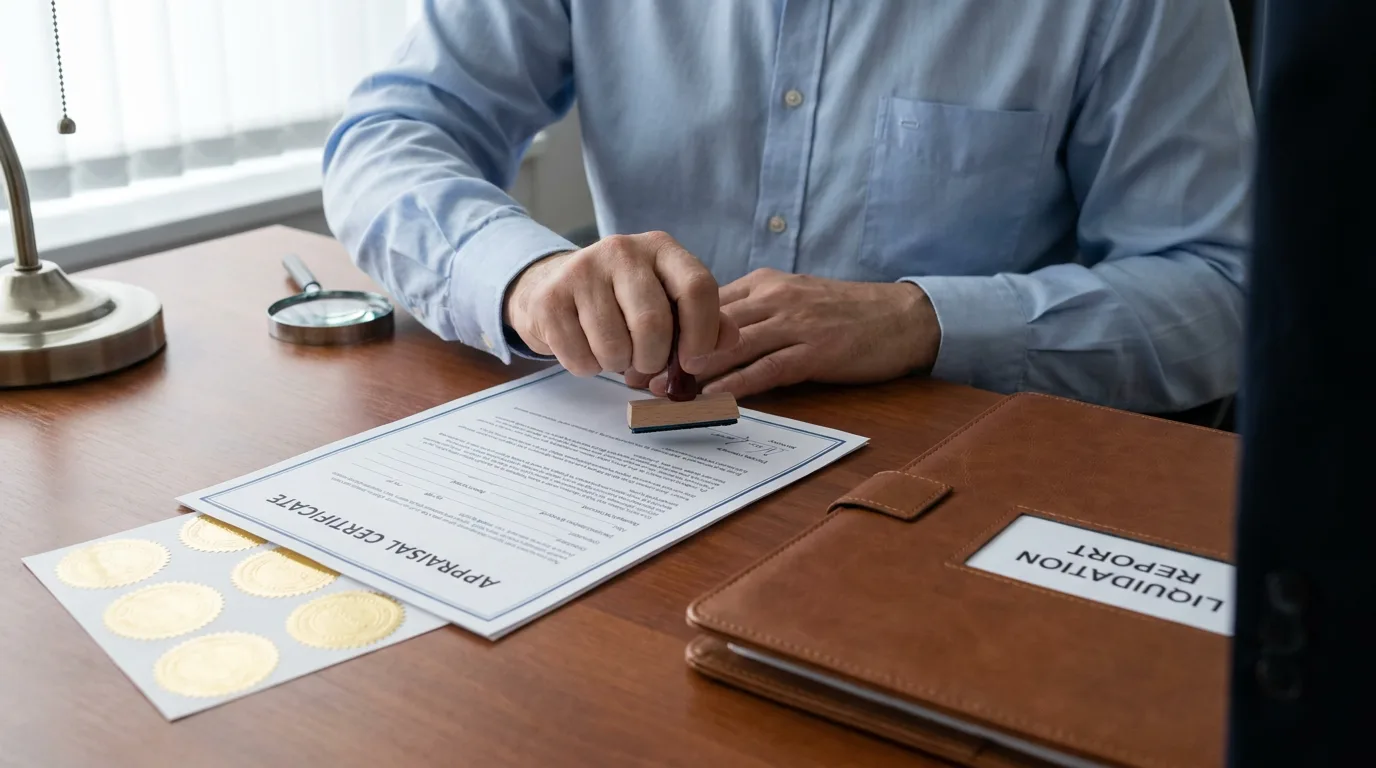 Professional appraiser stamping and signing official liquidation report document at desk with certification seals