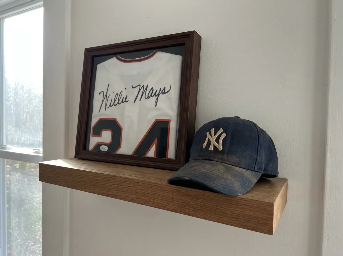 Framed autographed jersey and game-worn baseball cap on shelf in natural light