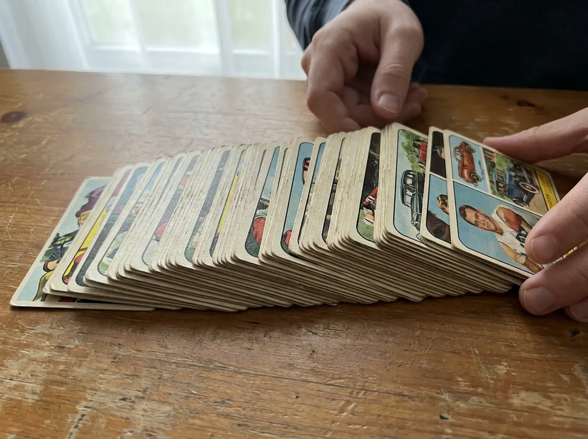 Fanned stack of vintage trading cards on wooden table in daylight