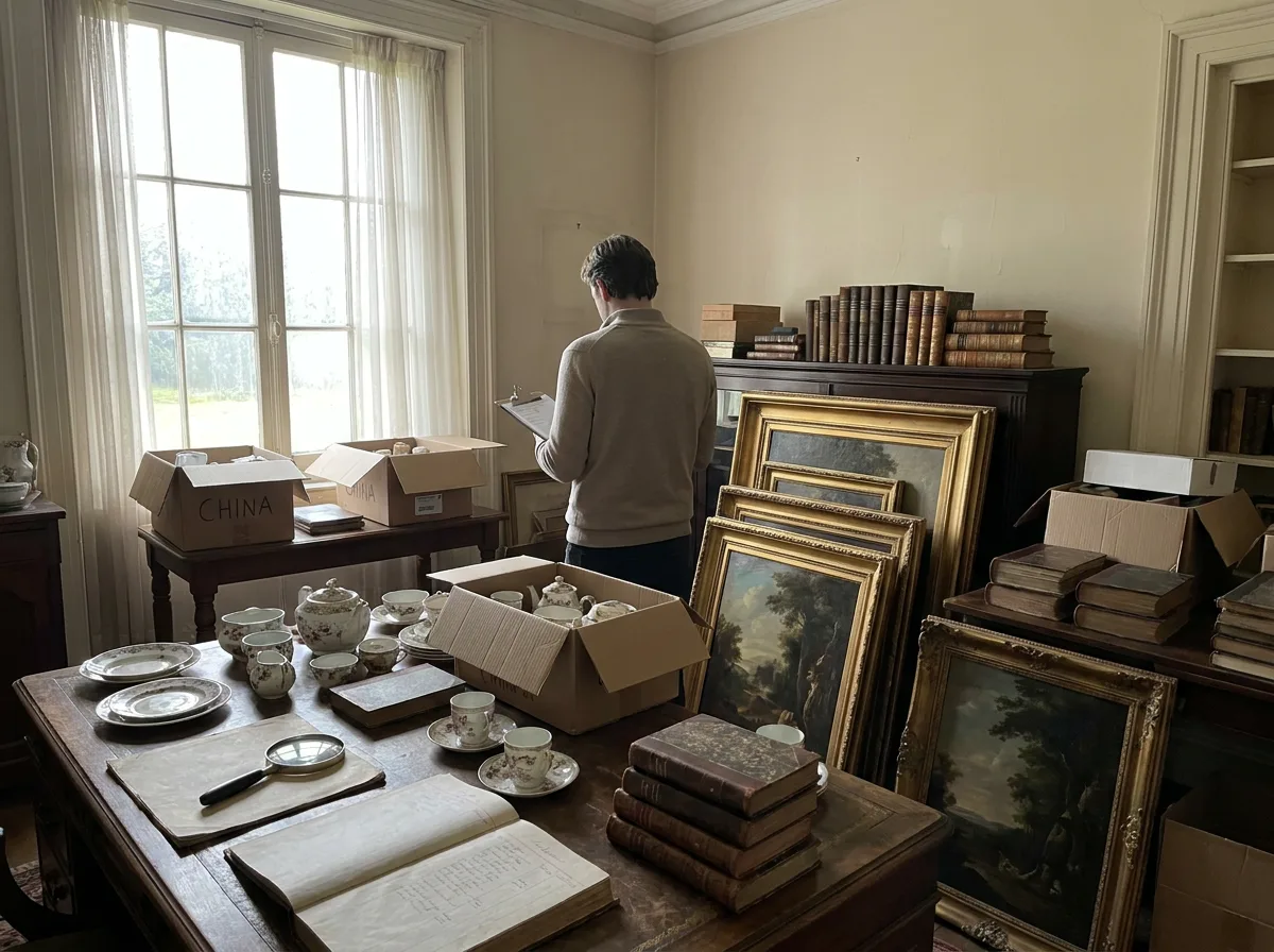 Cluttered estate room with antique furniture, boxed china, and stacked artwork illuminated by natural window light