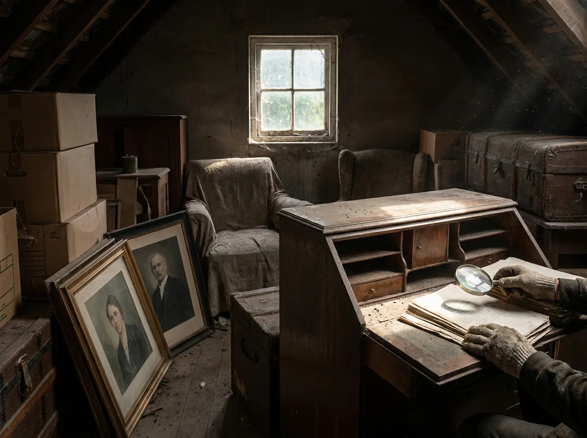 Dusty attic with vintage furniture, stacked boxes, framed paintings, and wooden desk illuminated by window light