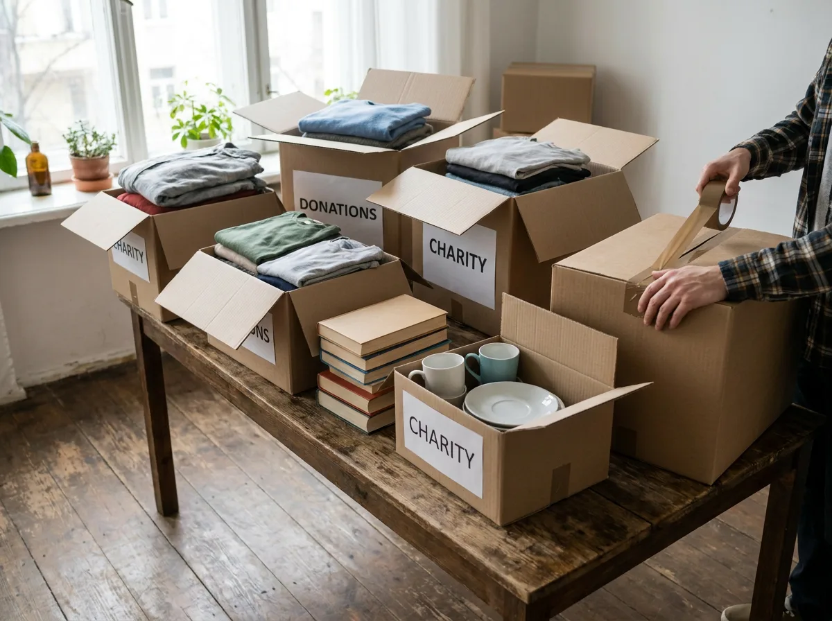 Stacked cardboard boxes containing folded clothing, books, and household items on wooden table