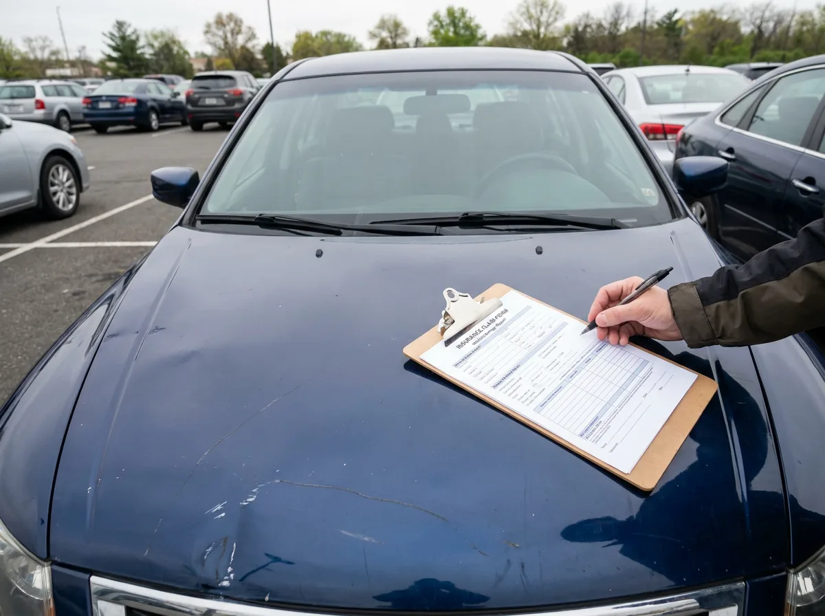 Insurance claim form on clipboard placed on dented car hood in parking lot