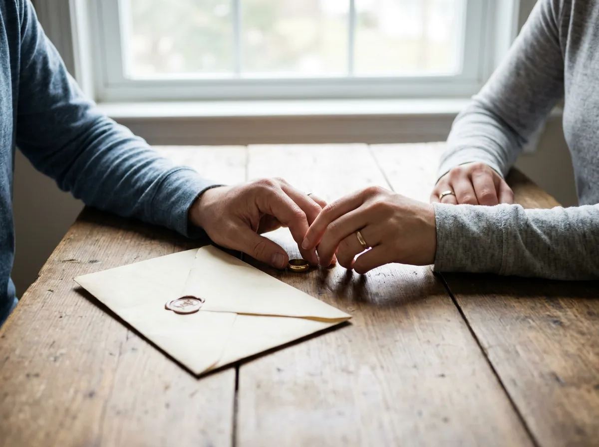 Wedding ring placed on table next to folded document with couple's hands visible