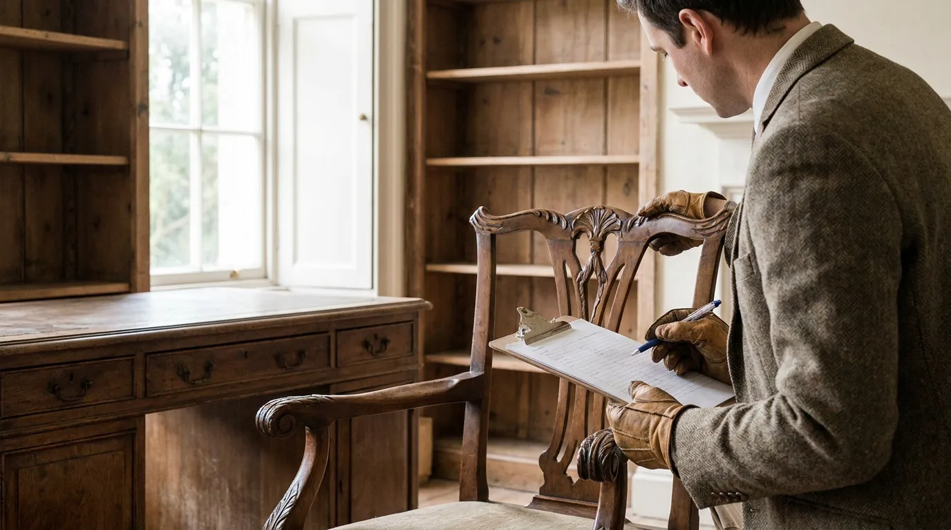 Professional appraiser examining antique furniture and documenting findings on clipboard in home study