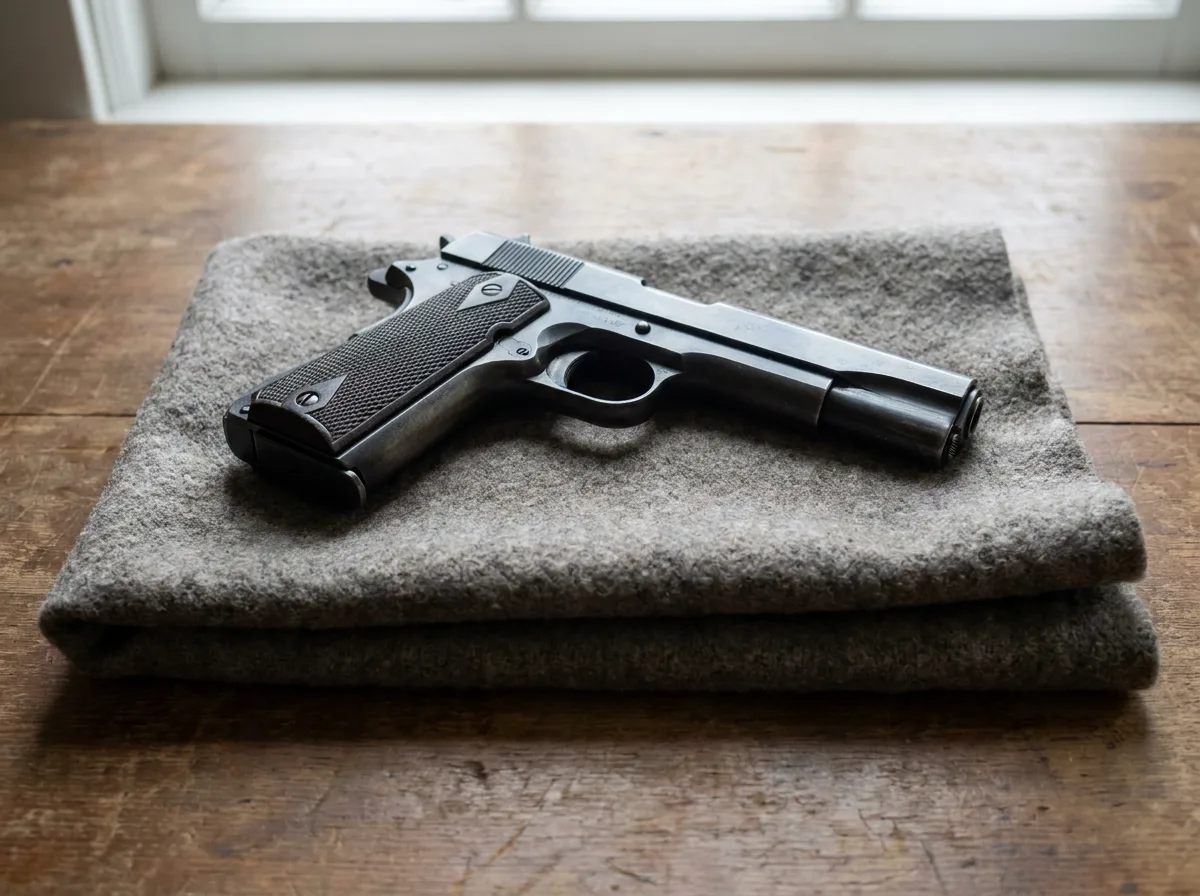 Handgun resting on gray cloth under soft lighting
