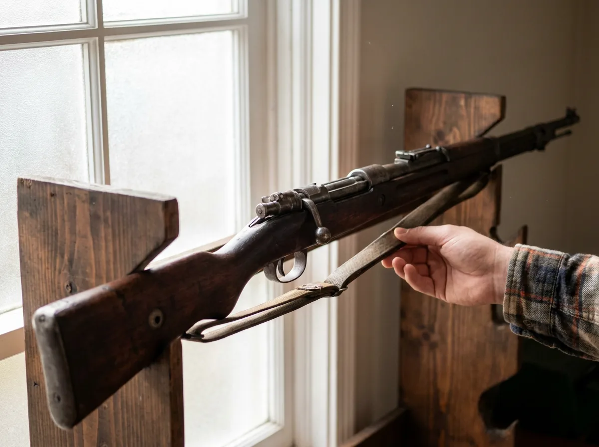 Bolt-action rifle on wooden gun rack with soft window light