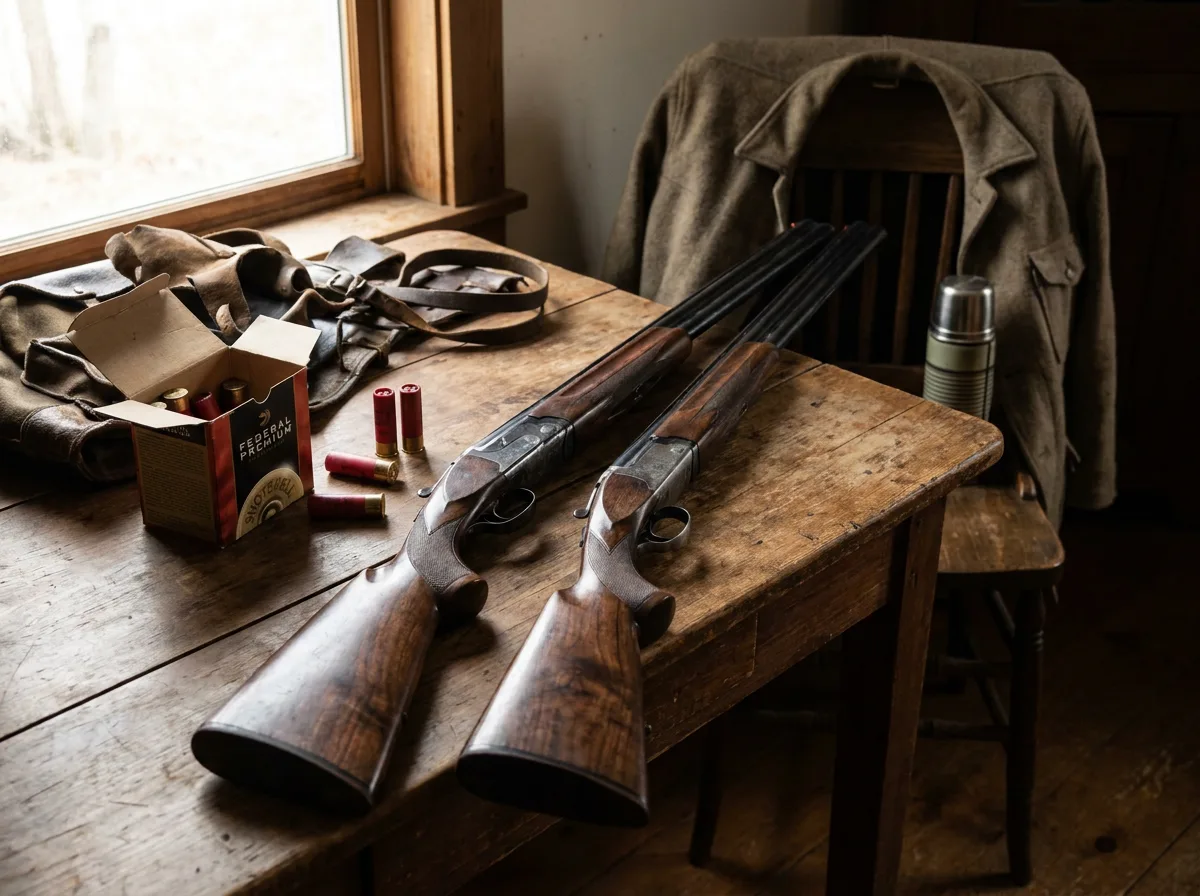 Two over-under shotguns on wooden table with ammunition box in window light