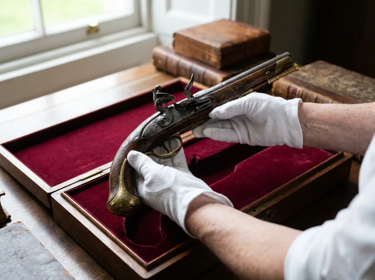 Collector's hands inspecting ornate antique flintlock pistol on velvet display case