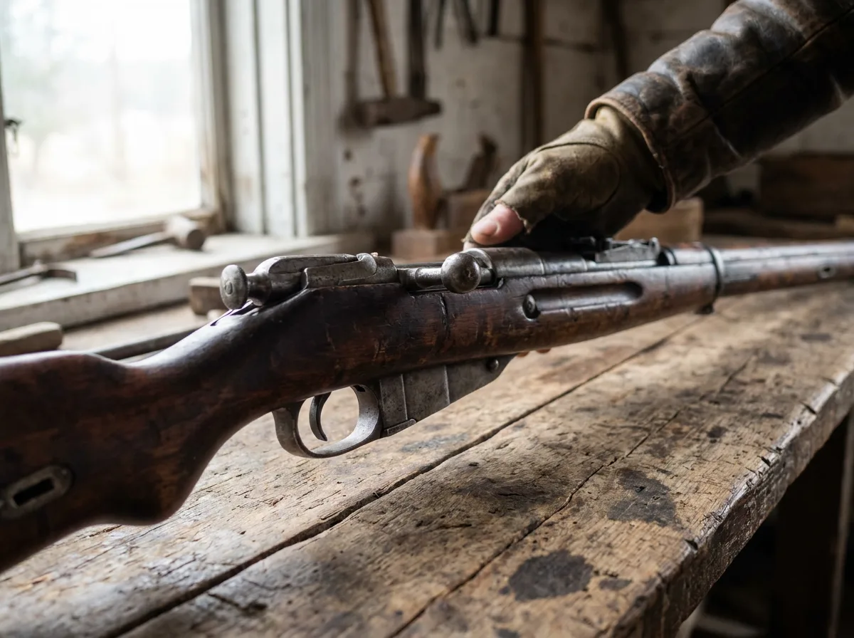 Antique bolt-action rifle on weathered wooden table in daylight