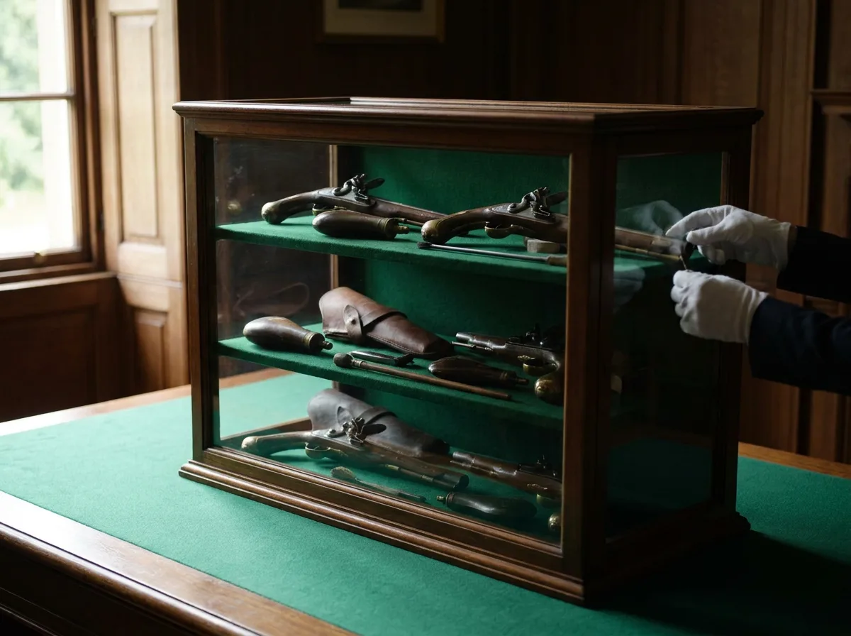 Vintage firearms and accessories displayed on felt-lined table in study setting