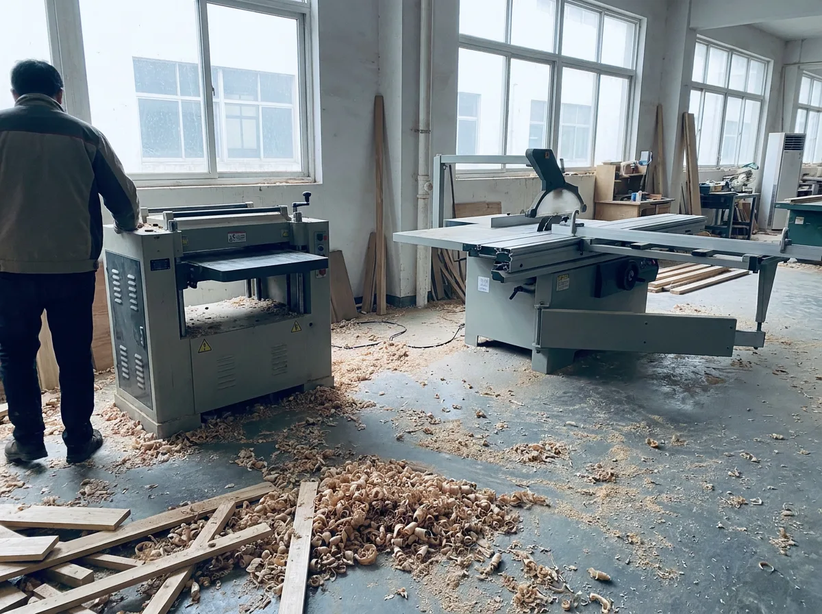 Workshop with table saw, cabinet planer, and wood shavings on concrete floor
