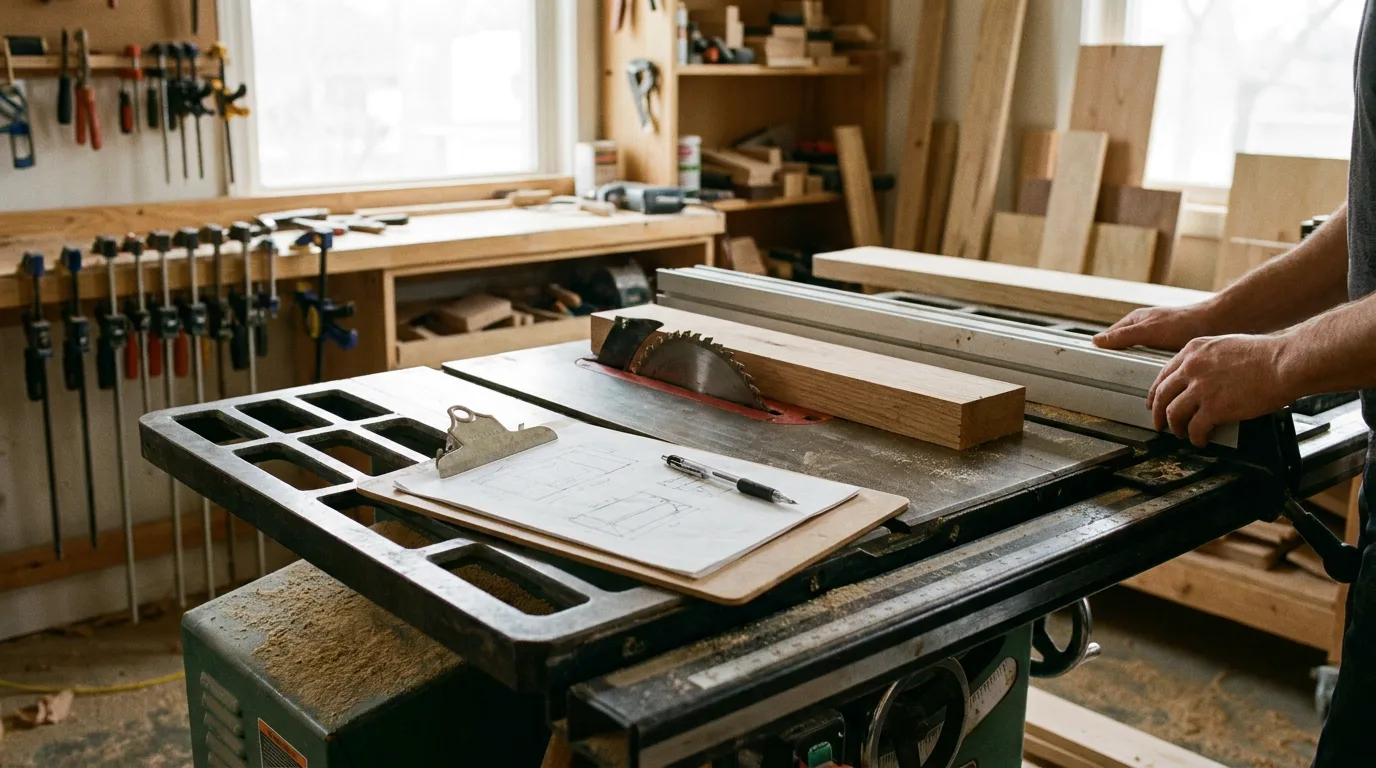 Table saw with clipboard and pen in woodworking workshop