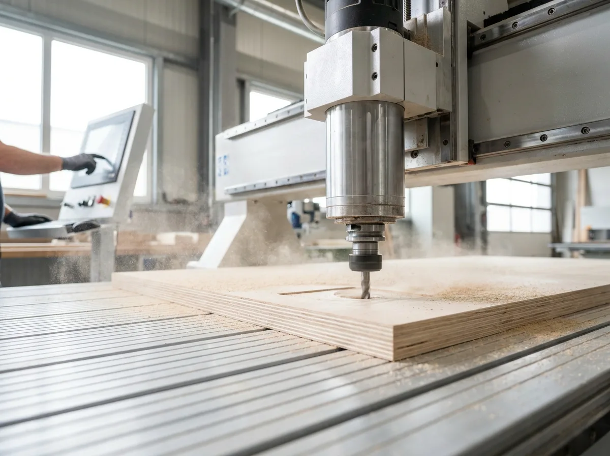 CNC router cutting wood panel with precision cutting tool in workshop