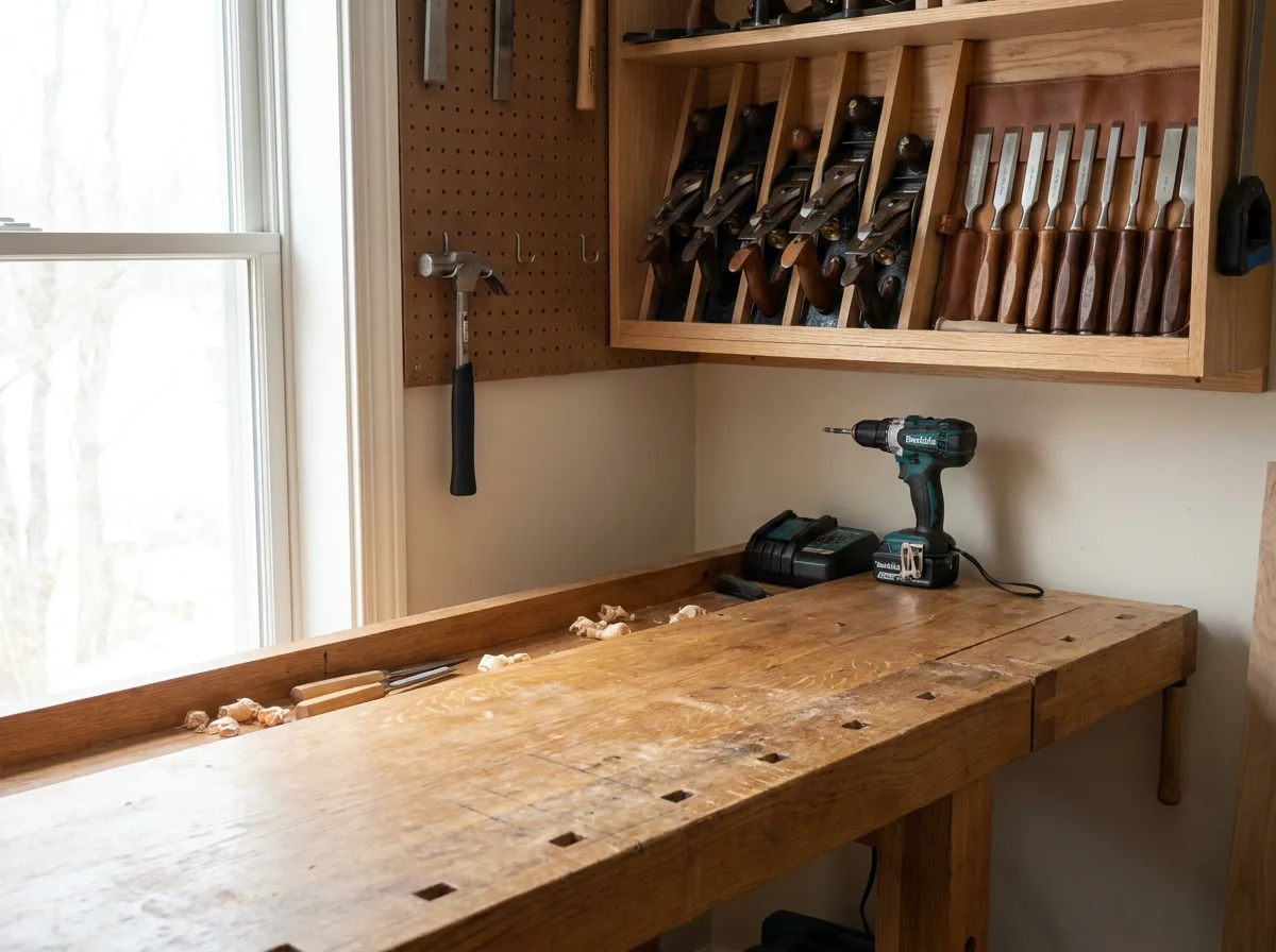 Woodworking tools arranged on workbench in natural daylight