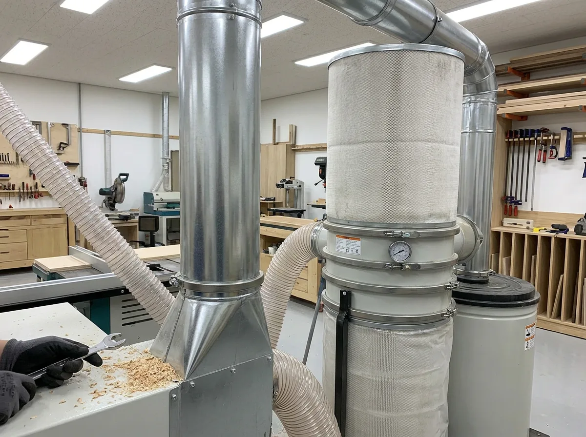 Dust collection ductwork and filter unit in a woodworking shop