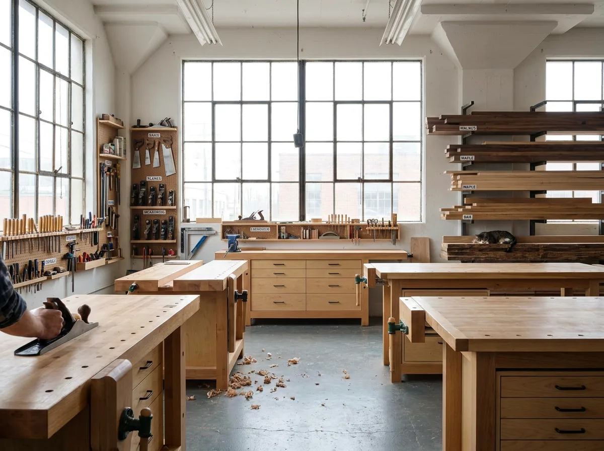Organized woodworking shop with labeled hand tools, stacked lumber, and workbenches in natural light