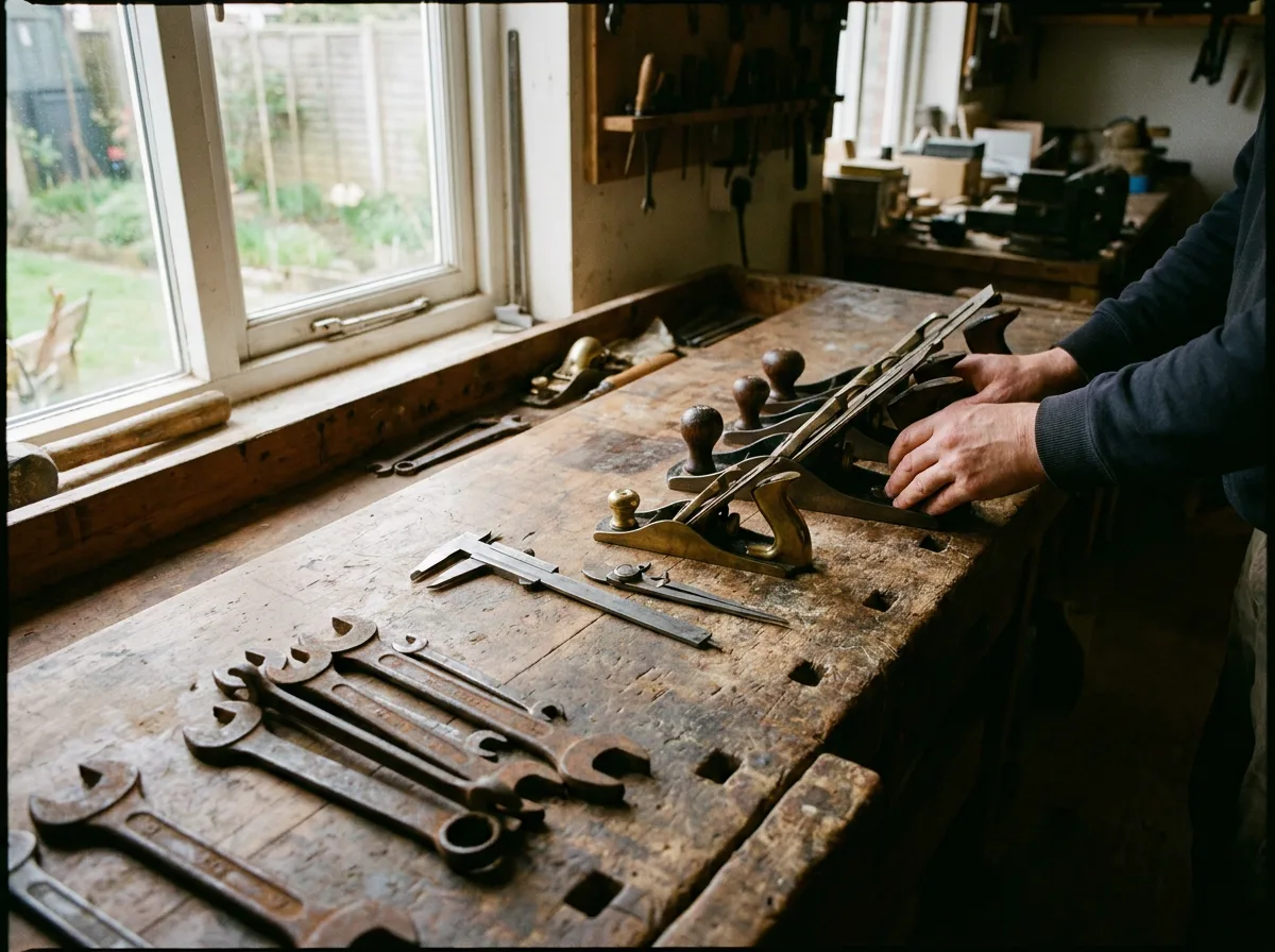 Antique brass hand planes, calipers, and vintage wrenches arranged on weathered wooden workbench