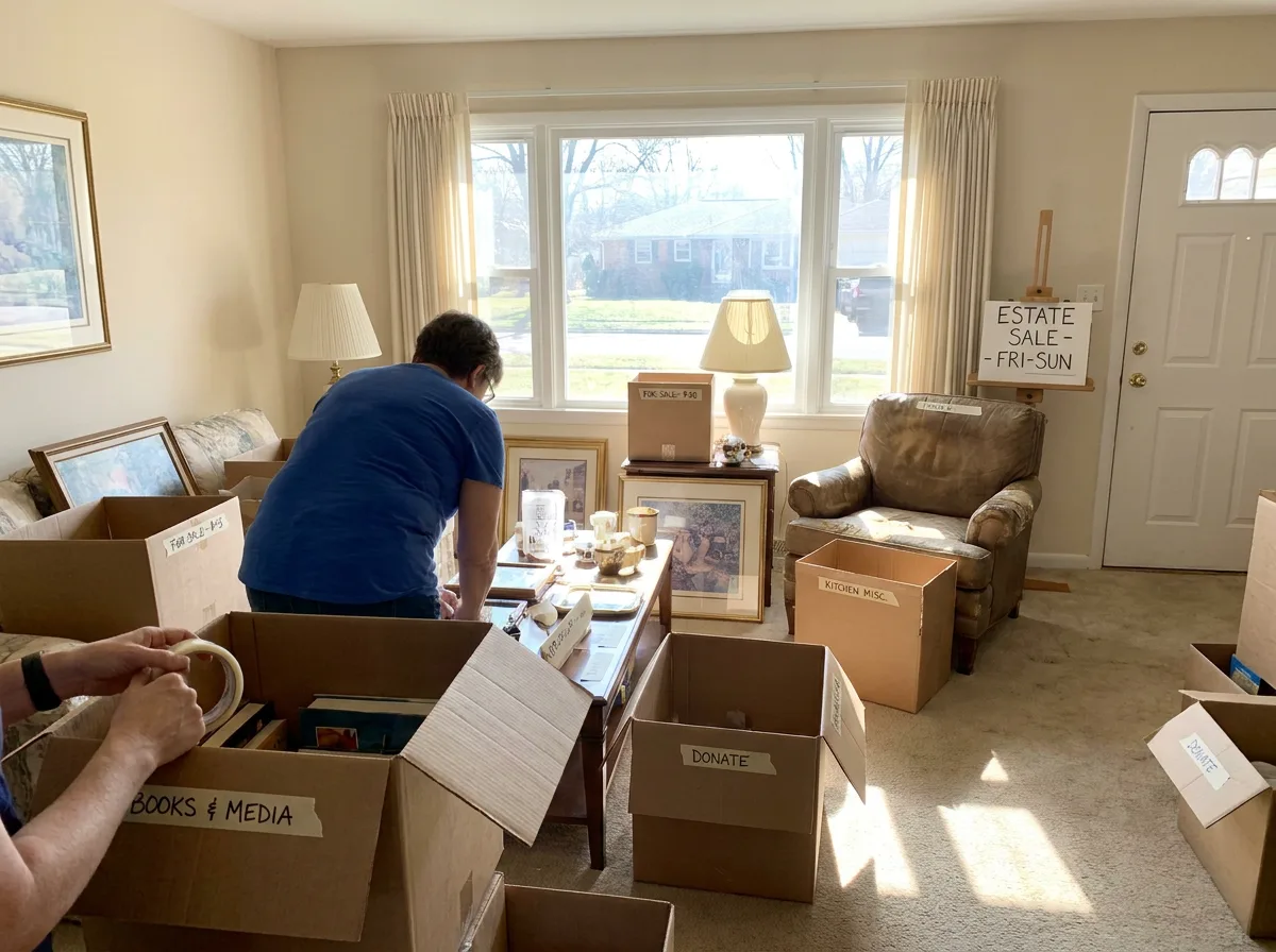 Estate sale items sorted in sunlit living room with labeled boxes and furniture