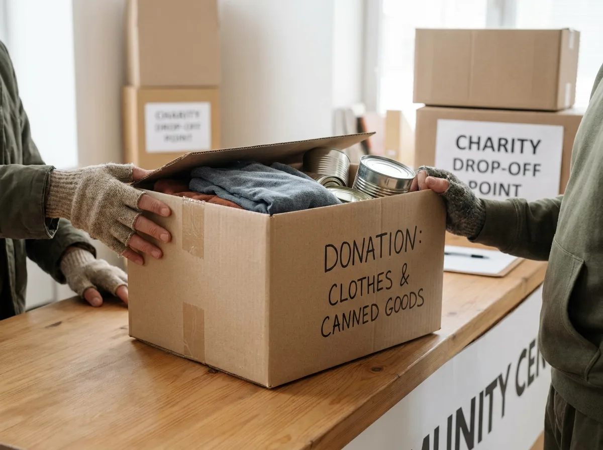 Person placing labeled donation box with clothes and canned food on charity counter