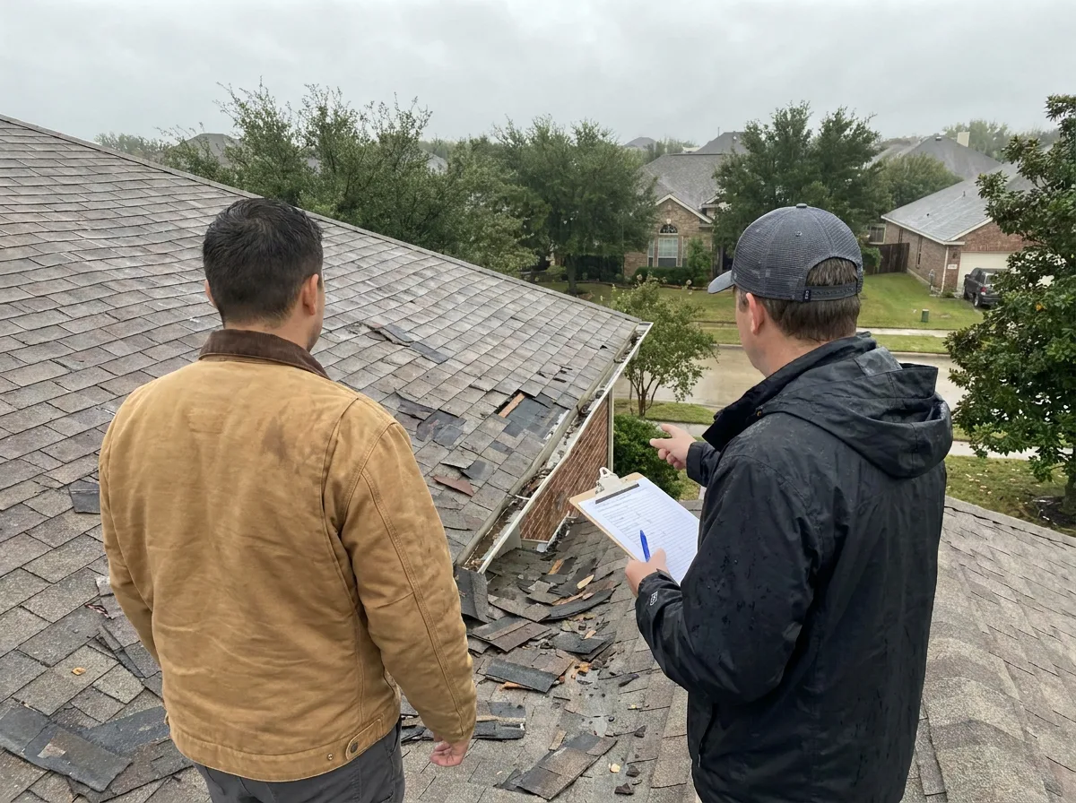 Homeowner and insurance adjuster inspecting roof storm damage with clipboard